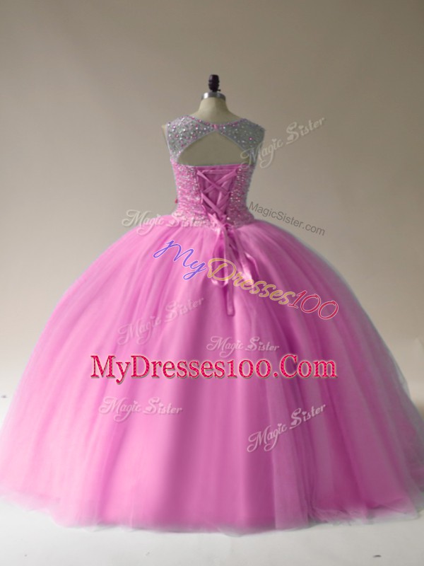Floor Length Lace Up Ball Gown Prom Dress Baby Pink for Sweet 16 and Quinceanera with Beading