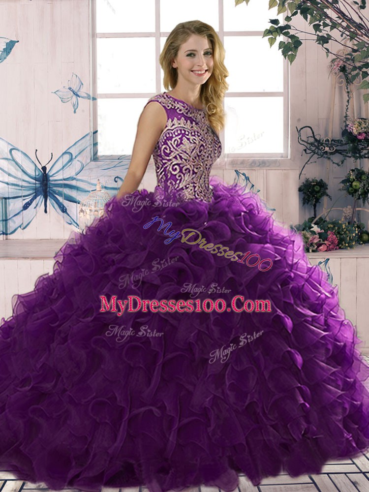 Floor Length Lace Up Sweet 16 Dresses Purple for Military Ball and Sweet 16 and Quinceanera with Beading and Ruffles
