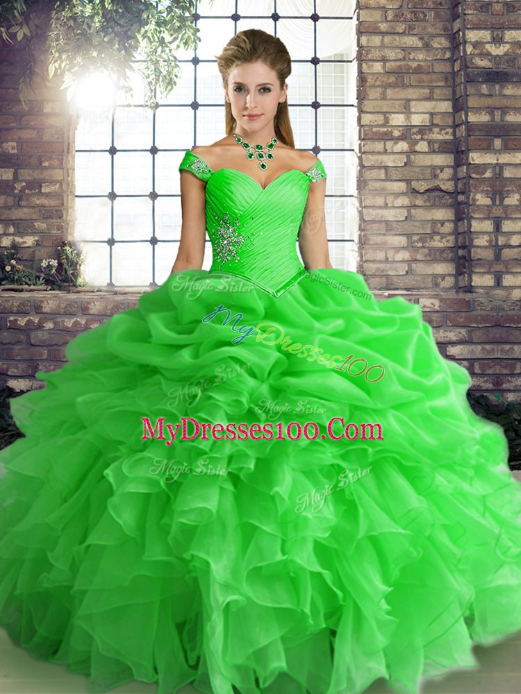 High End Green Sleeveless Organza Lace Up 15th Birthday Dress for Military Ball and Sweet 16 and Quinceanera