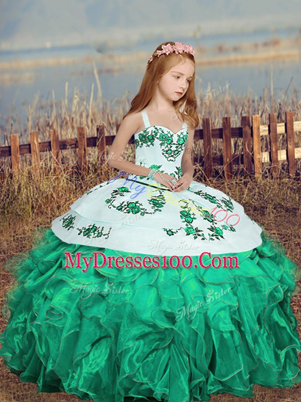 Elegant Organza Straps Sleeveless Lace Up Embroidery and Ruffles Pageant Gowns For Girls in Turquoise