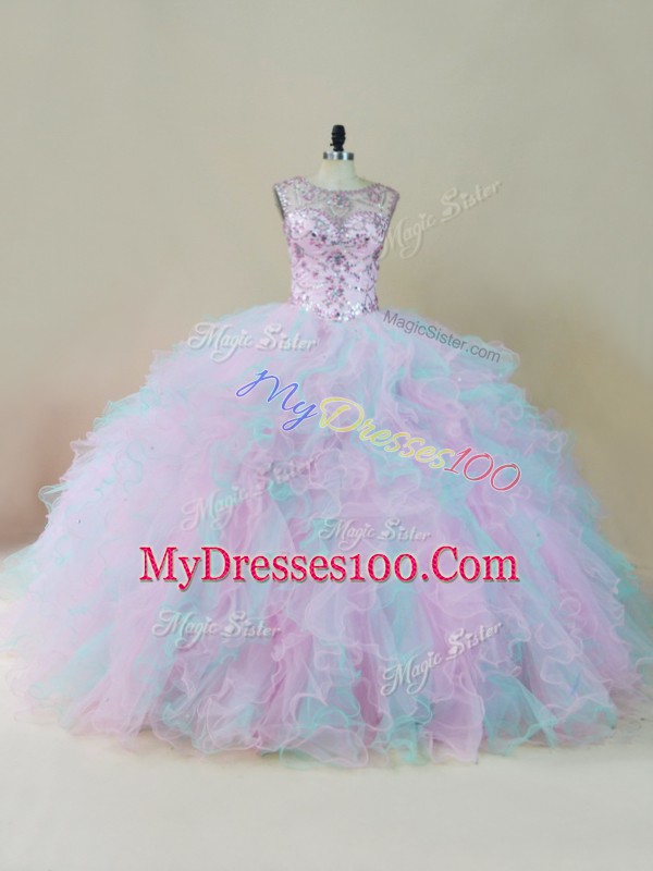 High Class Multi-color Sleeveless Floor Length Beading and Ruffles Lace Up Sweet 16 Dress