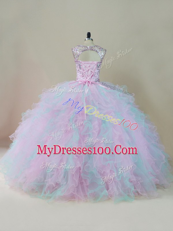 High Class Multi-color Sleeveless Floor Length Beading and Ruffles Lace Up Sweet 16 Dress