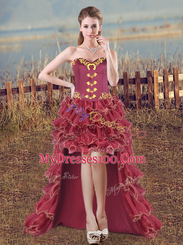 Burgundy Sleeveless High Low Embroidery and Ruffles Lace Up Dress for Prom