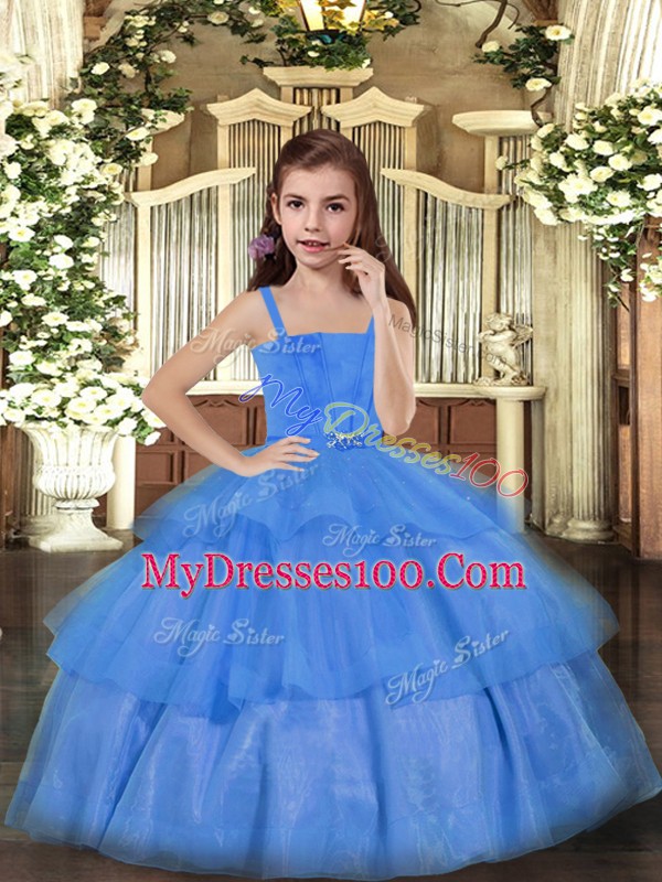 Amazing Blue Straps Neckline Ruffled Layers Custom Made Pageant Dress Sleeveless Lace Up