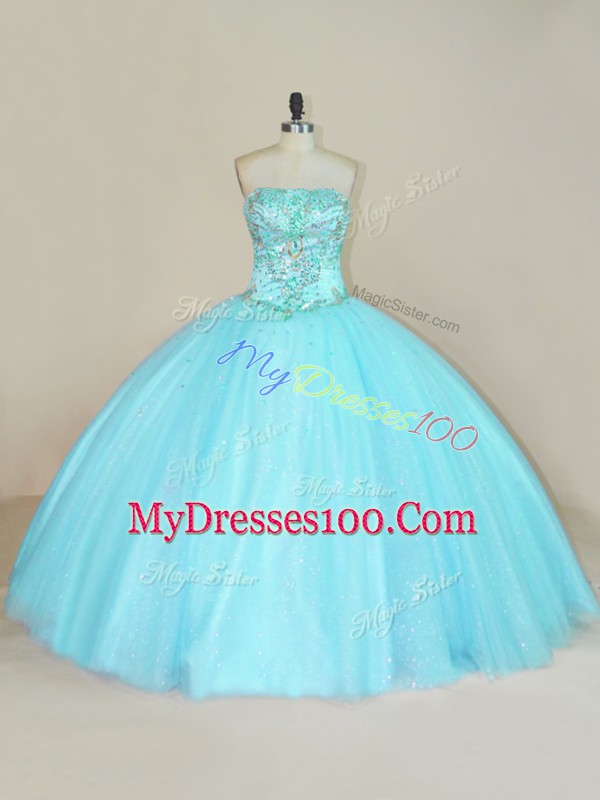 Dynamic Aqua Blue Ball Gowns Beading Quinceanera Dress Lace Up Tulle Sleeveless Floor Length