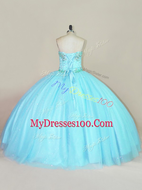 Dynamic Aqua Blue Ball Gowns Beading Quinceanera Dress Lace Up Tulle Sleeveless Floor Length