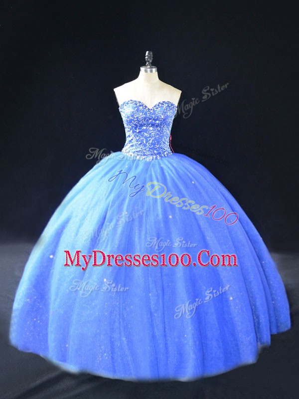 Floor Length Ball Gowns Sleeveless Blue Sweet 16 Dresses Lace Up