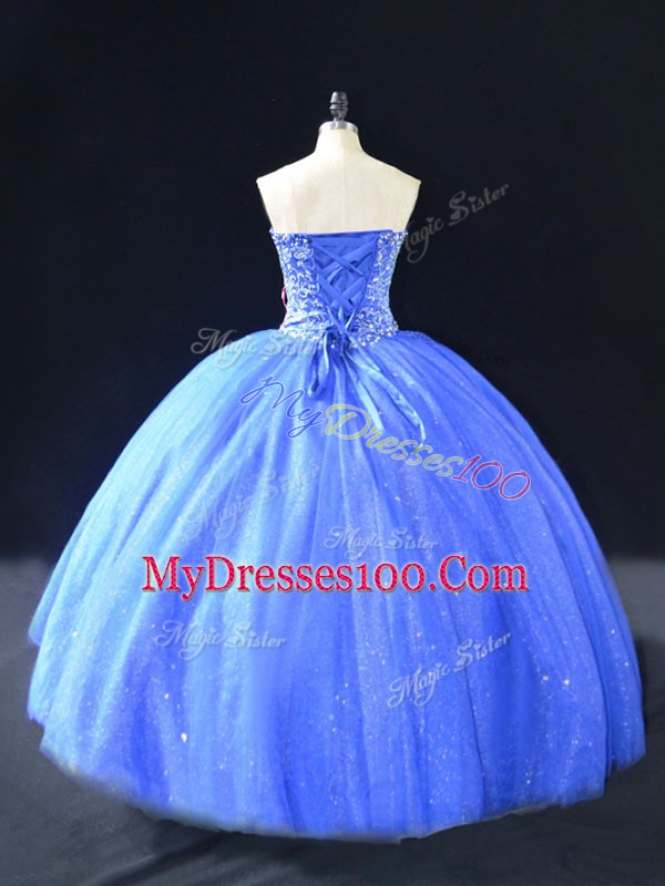 Floor Length Ball Gowns Sleeveless Blue Sweet 16 Dresses Lace Up