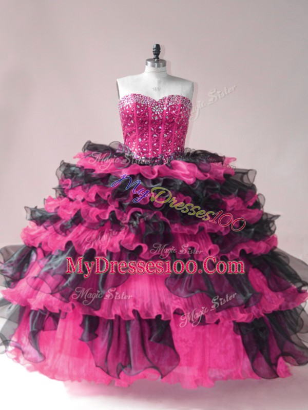 Affordable Pink And Black Sweetheart Lace Up Beading and Ruffled Layers Sweet 16 Dresses Sleeveless