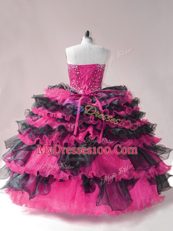 Affordable Pink And Black Sweetheart Lace Up Beading and Ruffled Layers Sweet 16 Dresses Sleeveless