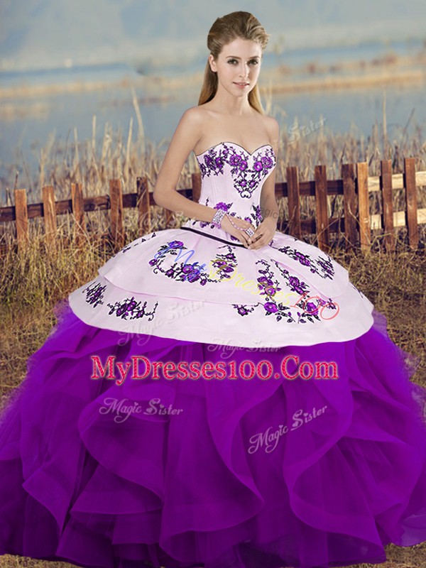 Smart Tulle Sleeveless Floor Length Ball Gown Prom Dress and Embroidery and Ruffles and Bowknot