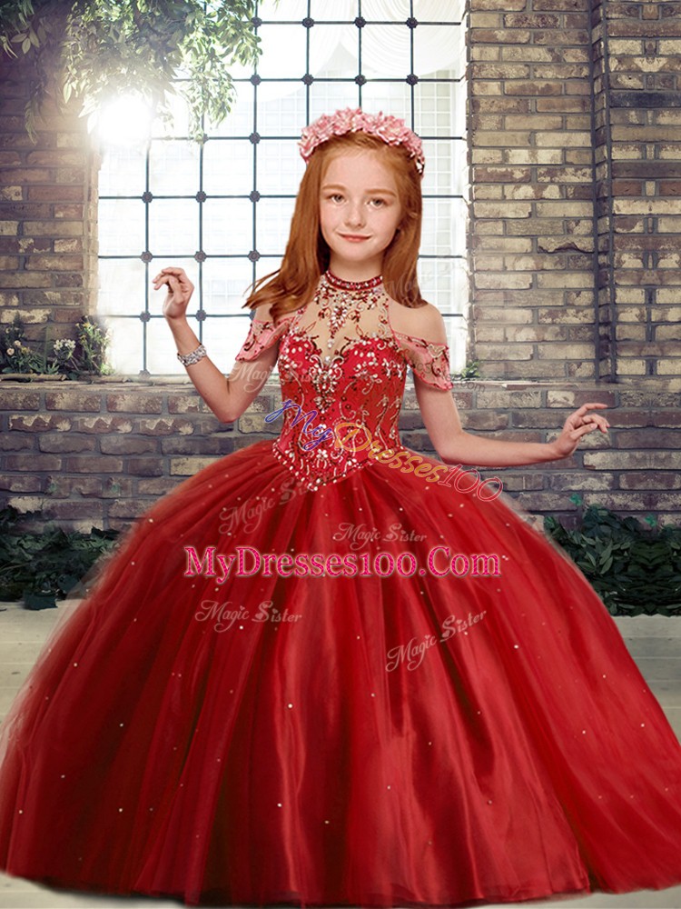 Fancy Red Sleeveless Beading Floor Length Kids Formal Wear