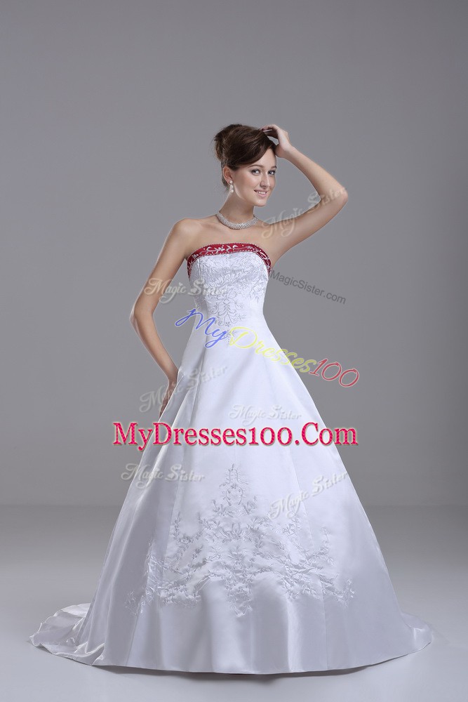 Nice White Lace Up Strapless Beading and Embroidery Wedding Dresses Satin Sleeveless Brush Train
