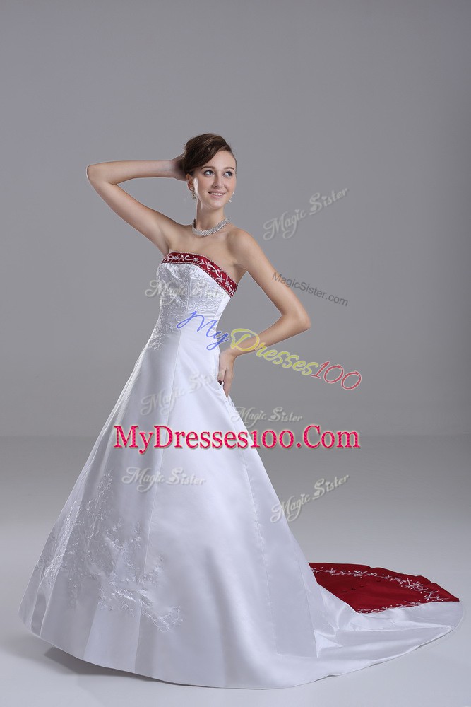 Nice White Lace Up Strapless Beading and Embroidery Wedding Dresses Satin Sleeveless Brush Train