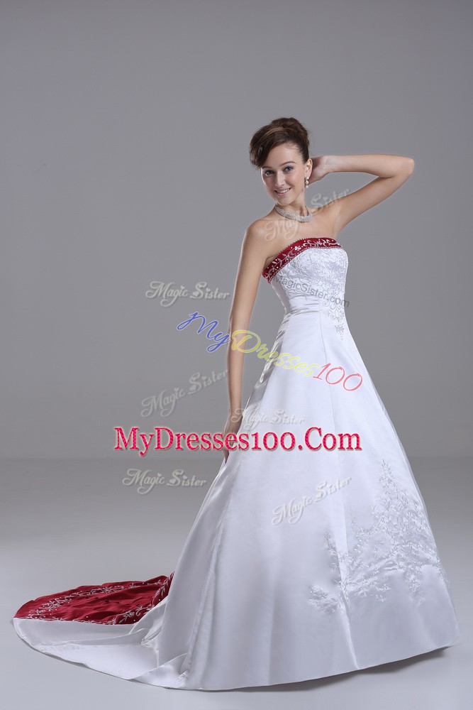 Nice White Lace Up Strapless Beading and Embroidery Wedding Dresses Satin Sleeveless Brush Train