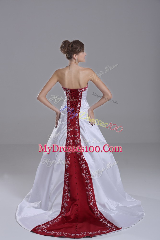 Nice White Lace Up Strapless Beading and Embroidery Wedding Dresses Satin Sleeveless Brush Train