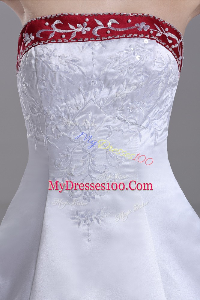 Nice White Lace Up Strapless Beading and Embroidery Wedding Dresses Satin Sleeveless Brush Train