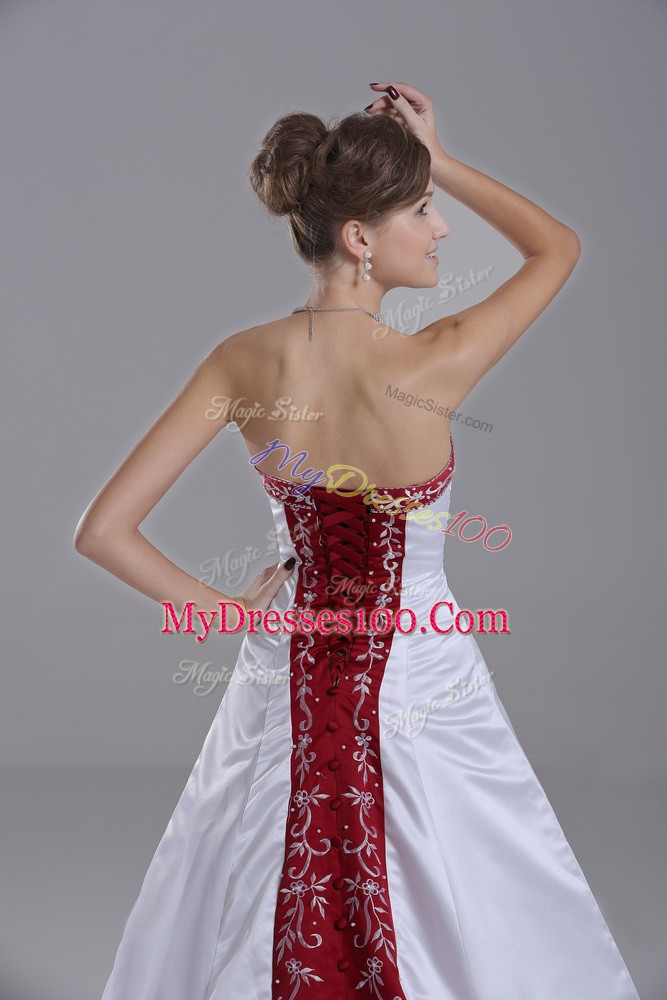 Nice White Lace Up Strapless Beading and Embroidery Wedding Dresses Satin Sleeveless Brush Train