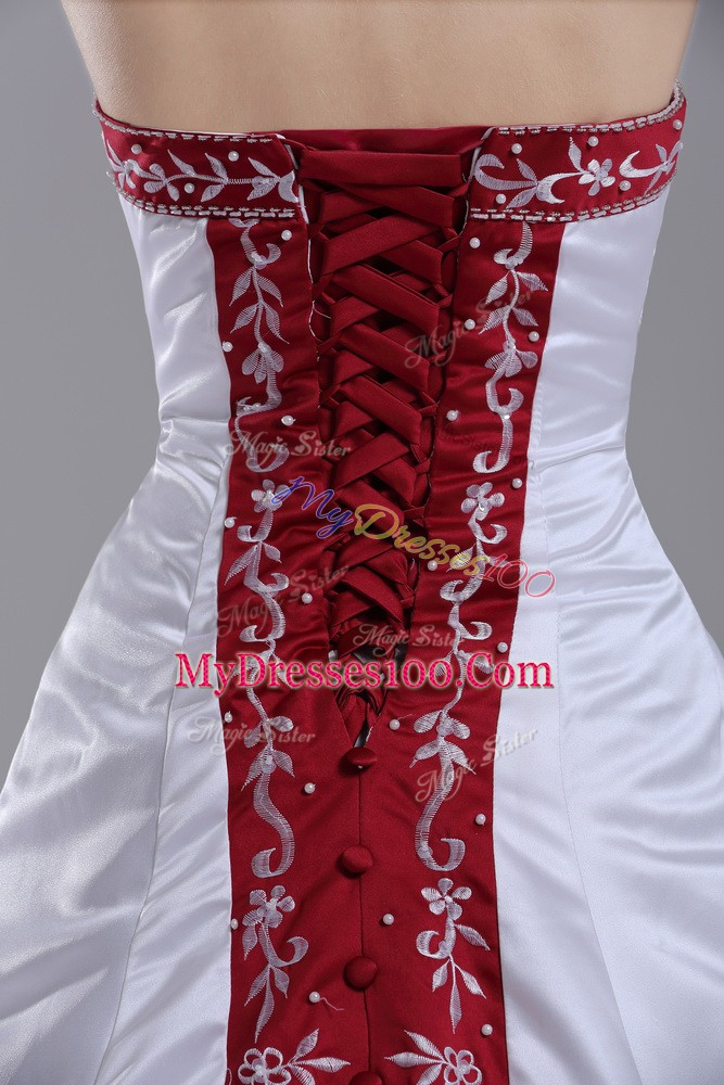 Nice White Lace Up Strapless Beading and Embroidery Wedding Dresses Satin Sleeveless Brush Train