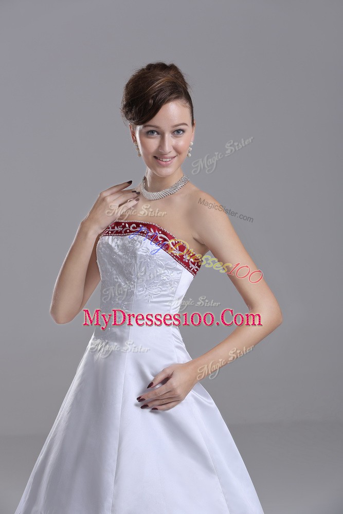 Nice White Lace Up Strapless Beading and Embroidery Wedding Dresses Satin Sleeveless Brush Train