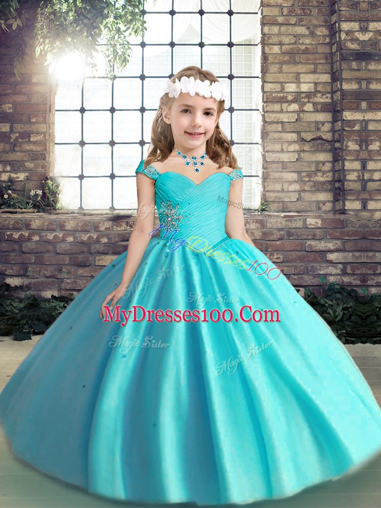 Gorgeous Baby Blue Ball Gowns Beading and Ruching Little Girls Pageant Dress Lace Up Tulle Sleeveless Floor Length