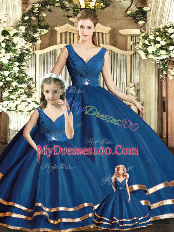 High End Navy Blue Tulle Backless V-neck Sleeveless Floor Length Sweet 16 Dresses Beading and Ruffled Layers