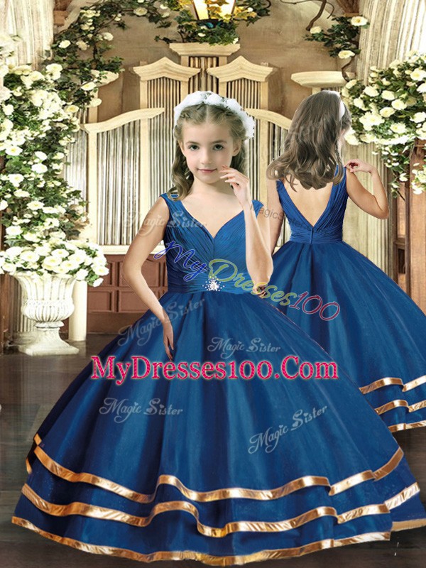 High End Navy Blue Tulle Backless V-neck Sleeveless Floor Length Sweet 16 Dresses Beading and Ruffled Layers