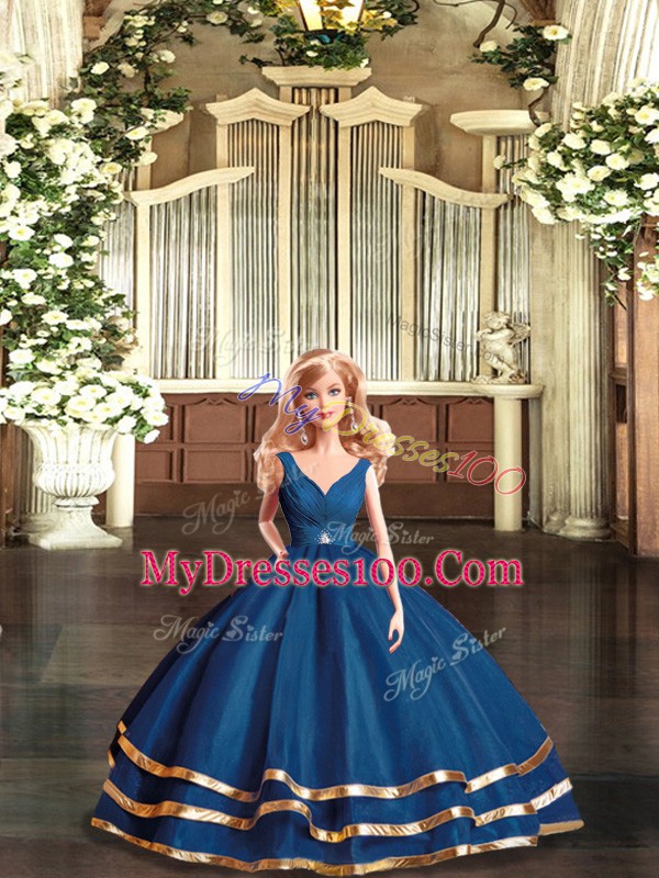 High End Navy Blue Tulle Backless V-neck Sleeveless Floor Length Sweet 16 Dresses Beading and Ruffled Layers
