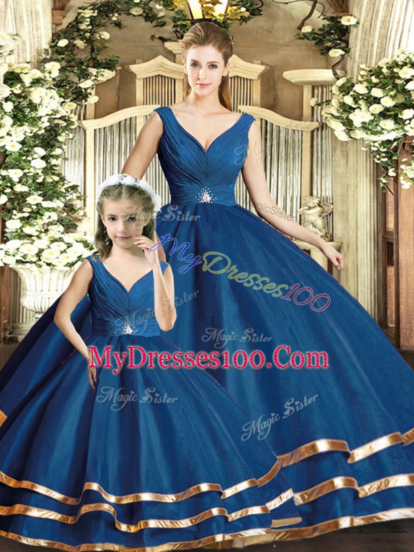 High End Navy Blue Tulle Backless V-neck Sleeveless Floor Length Sweet 16 Dresses Beading and Ruffled Layers