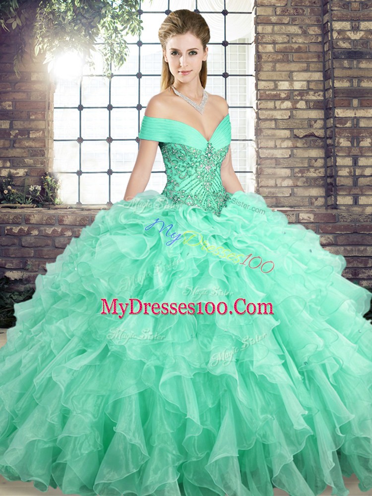 Vintage Apple Green Lace Up Quinceanera Dress Beading and Ruffles Sleeveless Brush Train