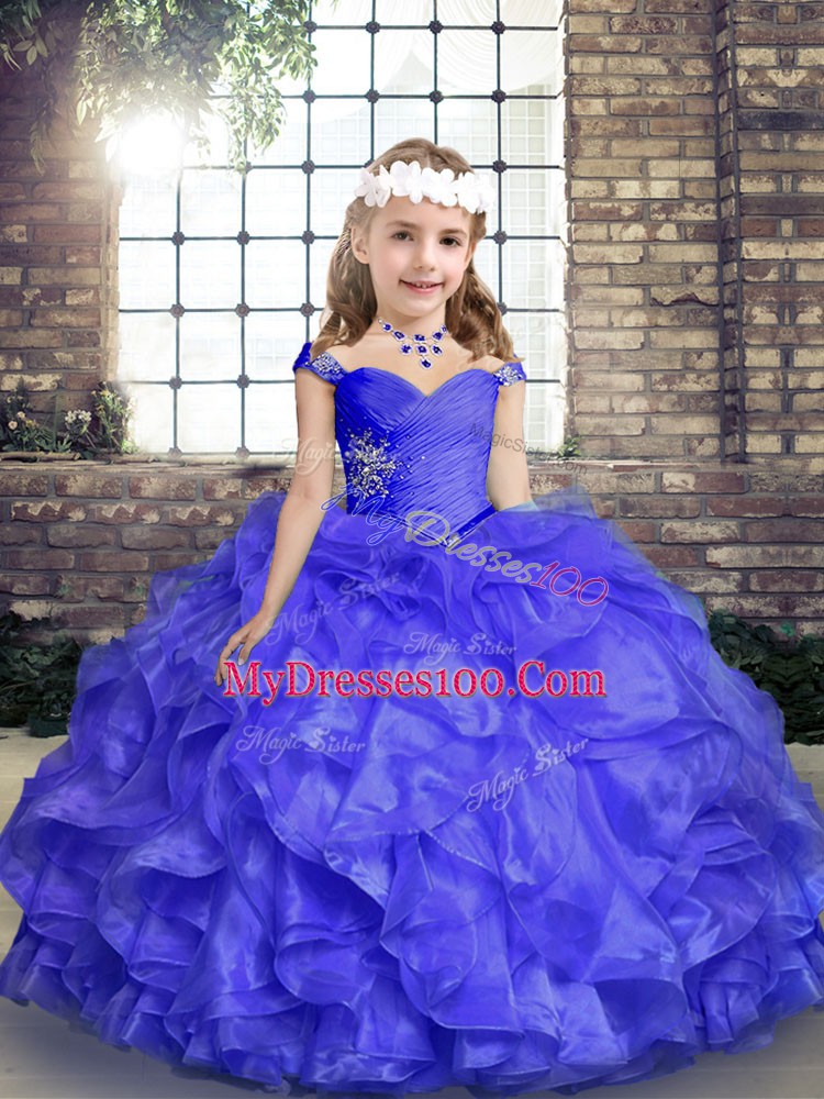 Wonderful Blue Organza Lace Up Straps Sleeveless Floor Length Girls Pageant Dresses Beading and Ruffles
