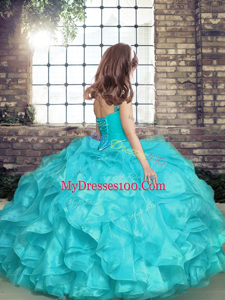 Wonderful Blue Organza Lace Up Straps Sleeveless Floor Length Girls Pageant Dresses Beading and Ruffles