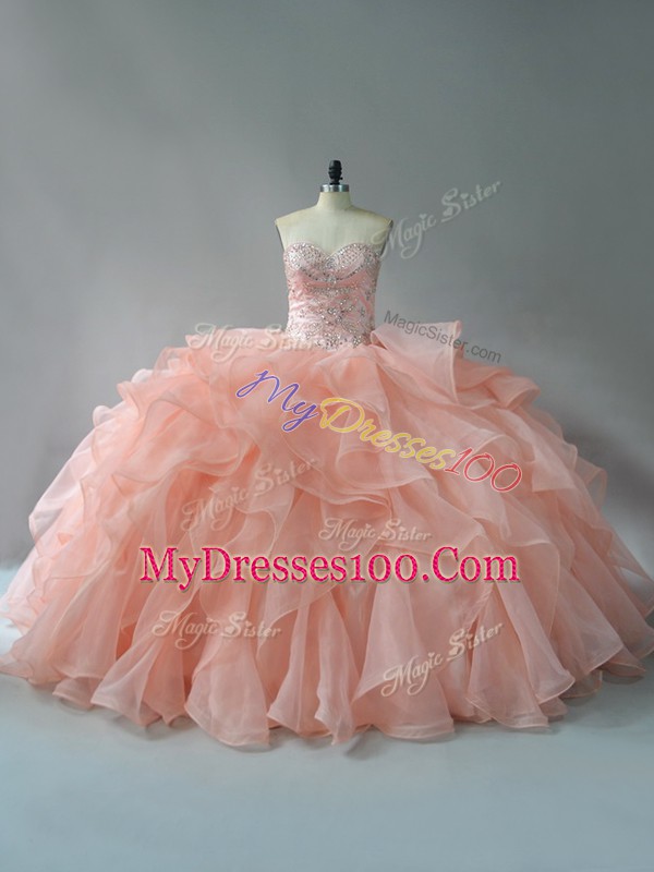 Peach Sweet 16 Dresses Sweetheart Sleeveless Brush Train Lace Up