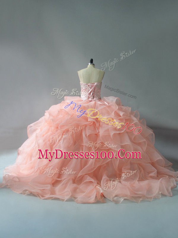 Peach Sweet 16 Dresses Sweetheart Sleeveless Brush Train Lace Up
