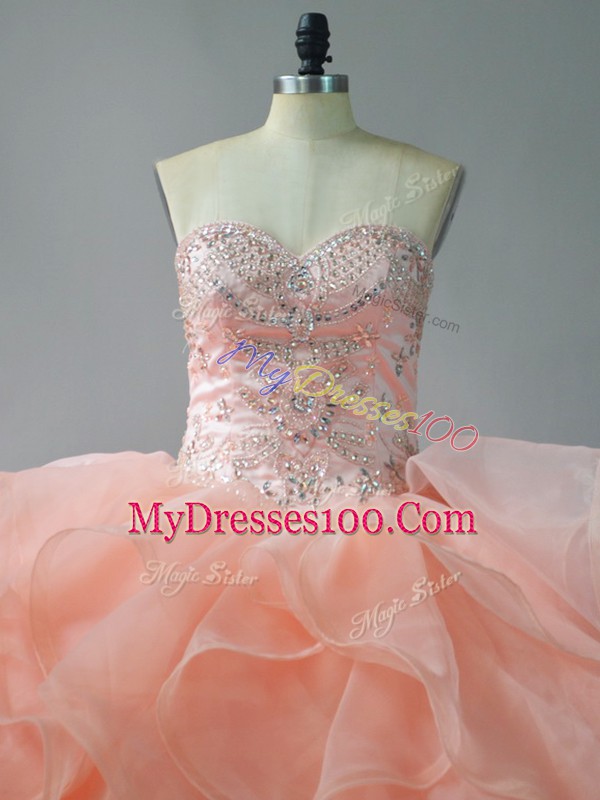 Peach Sweet 16 Dresses Sweetheart Sleeveless Brush Train Lace Up