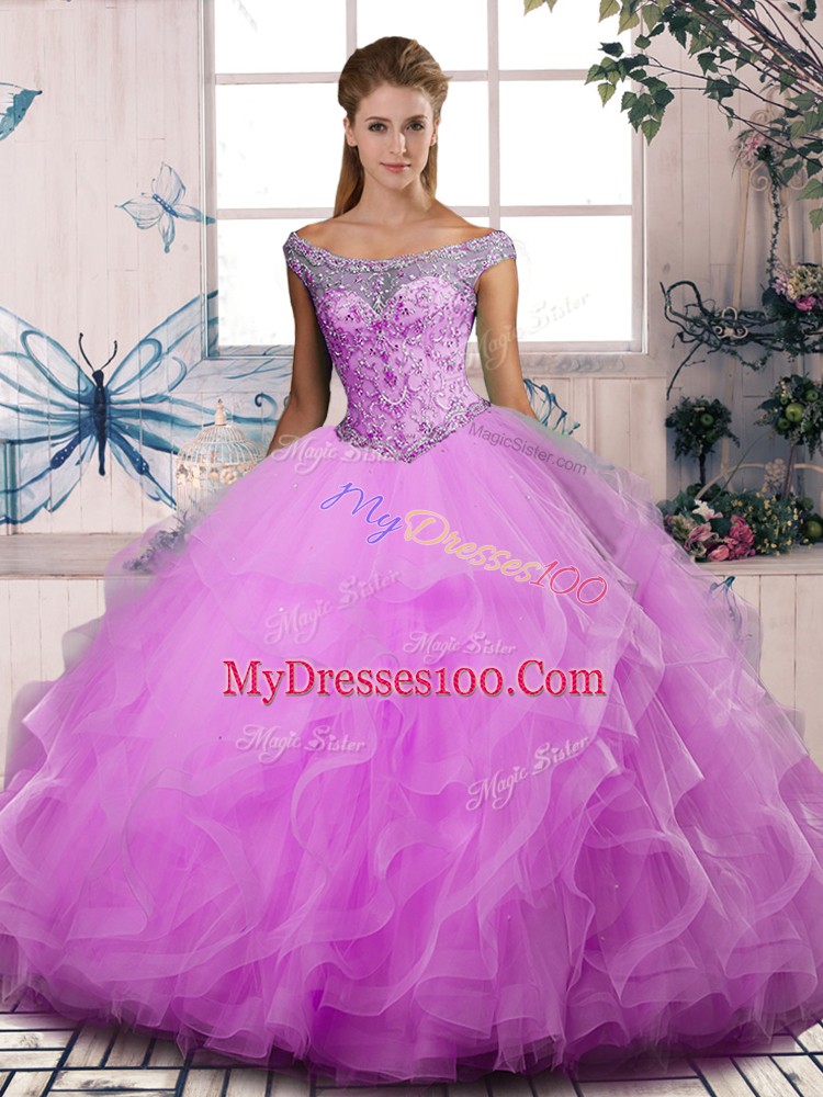 Dynamic Lilac Ball Gowns Beading and Ruffles 15th Birthday Dress Lace Up Tulle Sleeveless Floor Length