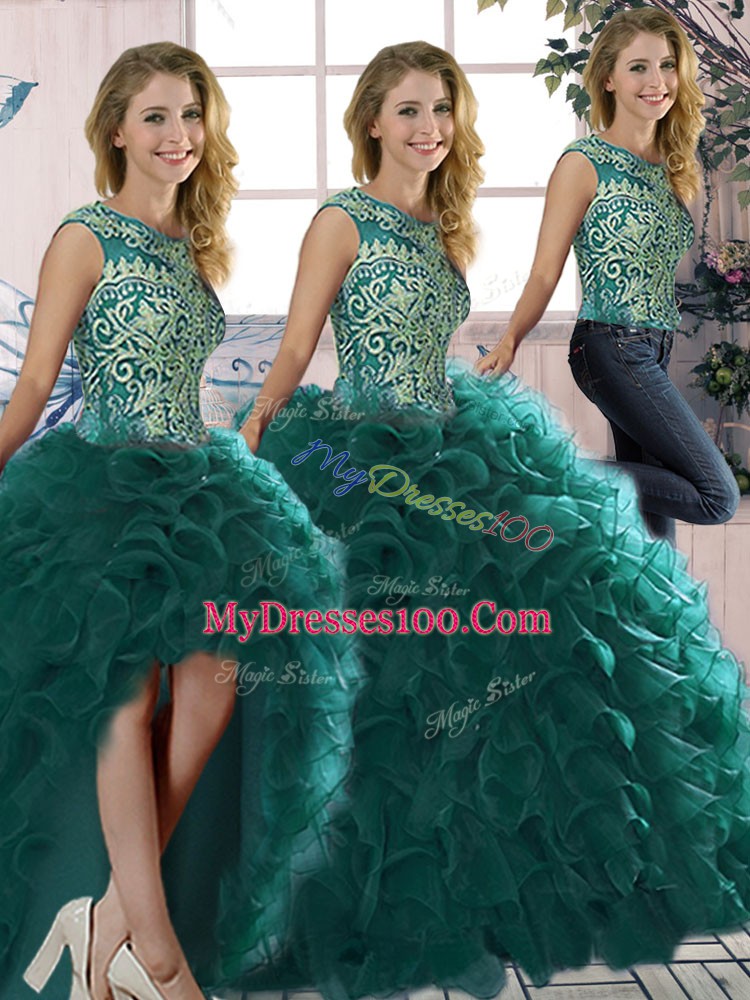 Latest Sleeveless Lace Up Floor Length Beading and Ruffles Quince Ball Gowns