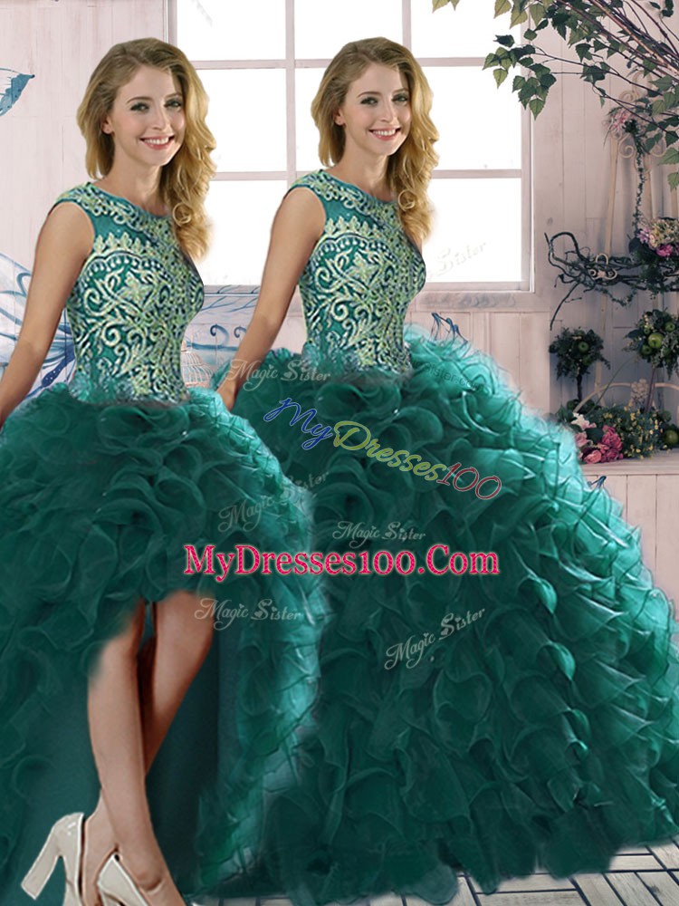 Latest Sleeveless Lace Up Floor Length Beading and Ruffles Quince Ball Gowns