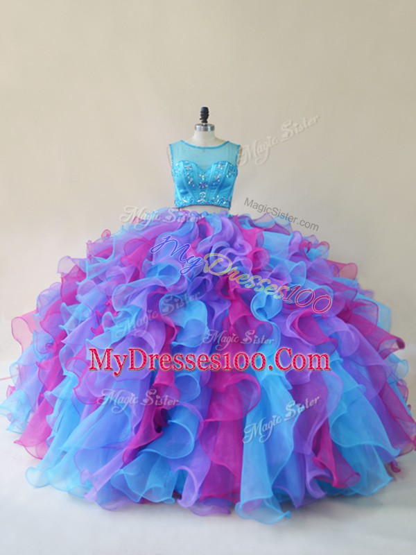 Beading and Ruffles Quinceanera Dress Multi-color Lace Up Sleeveless Floor Length
