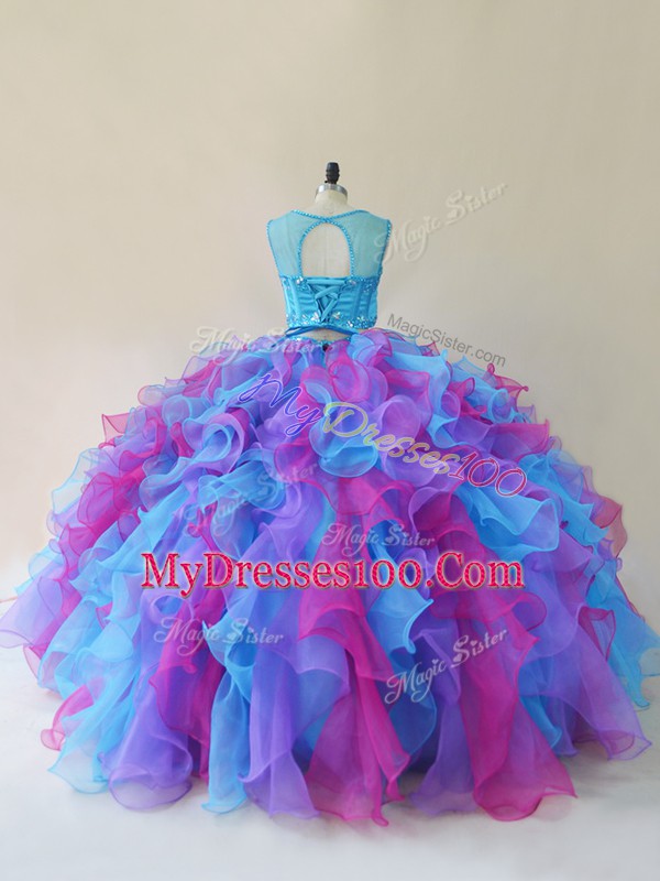 Beading and Ruffles Quinceanera Dress Multi-color Lace Up Sleeveless Floor Length