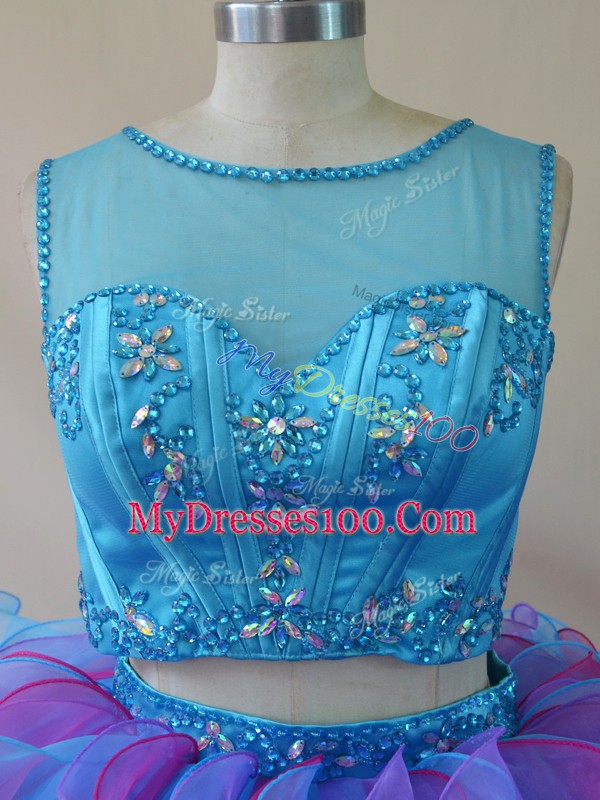 Beading and Ruffles Quinceanera Dress Multi-color Lace Up Sleeveless Floor Length