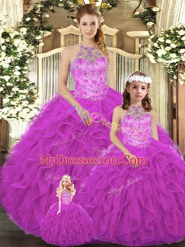 Fuchsia Halter Top Neckline Beading and Ruffles Quinceanera Dress Sleeveless Lace Up