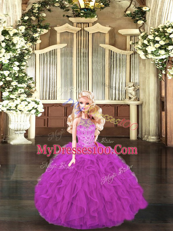 Fuchsia Halter Top Neckline Beading and Ruffles Quinceanera Dress Sleeveless Lace Up