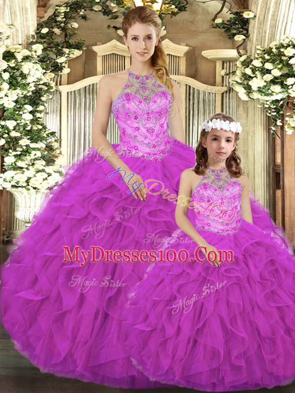 Fuchsia Halter Top Neckline Beading and Ruffles Quinceanera Dress Sleeveless Lace Up