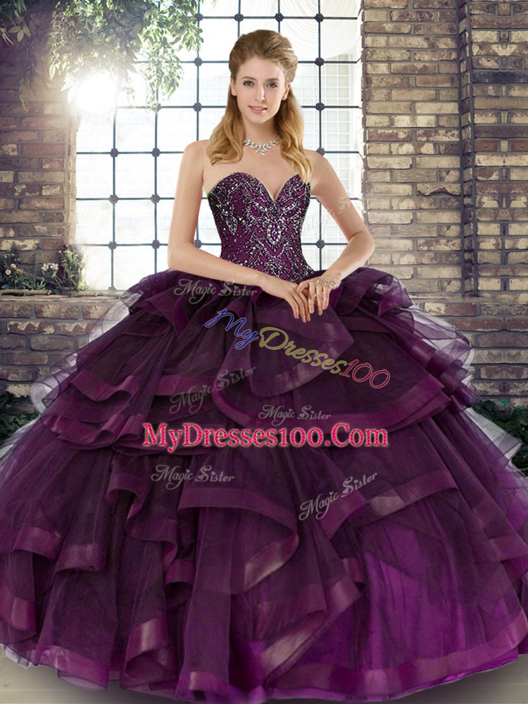 Fitting Dark Purple Tulle Lace Up Sweetheart Sleeveless Floor Length 15 Quinceanera Dress Beading and Ruffles