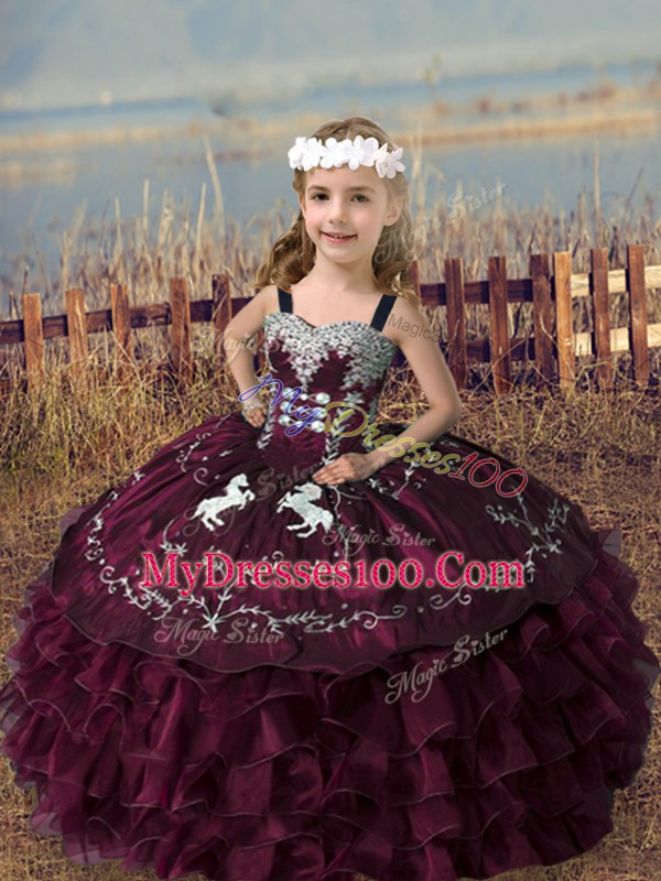 Affordable Burgundy Ball Gowns Embroidery and Ruffled Layers Little Girls Pageant Gowns Lace Up Organza Sleeveless Floor Length