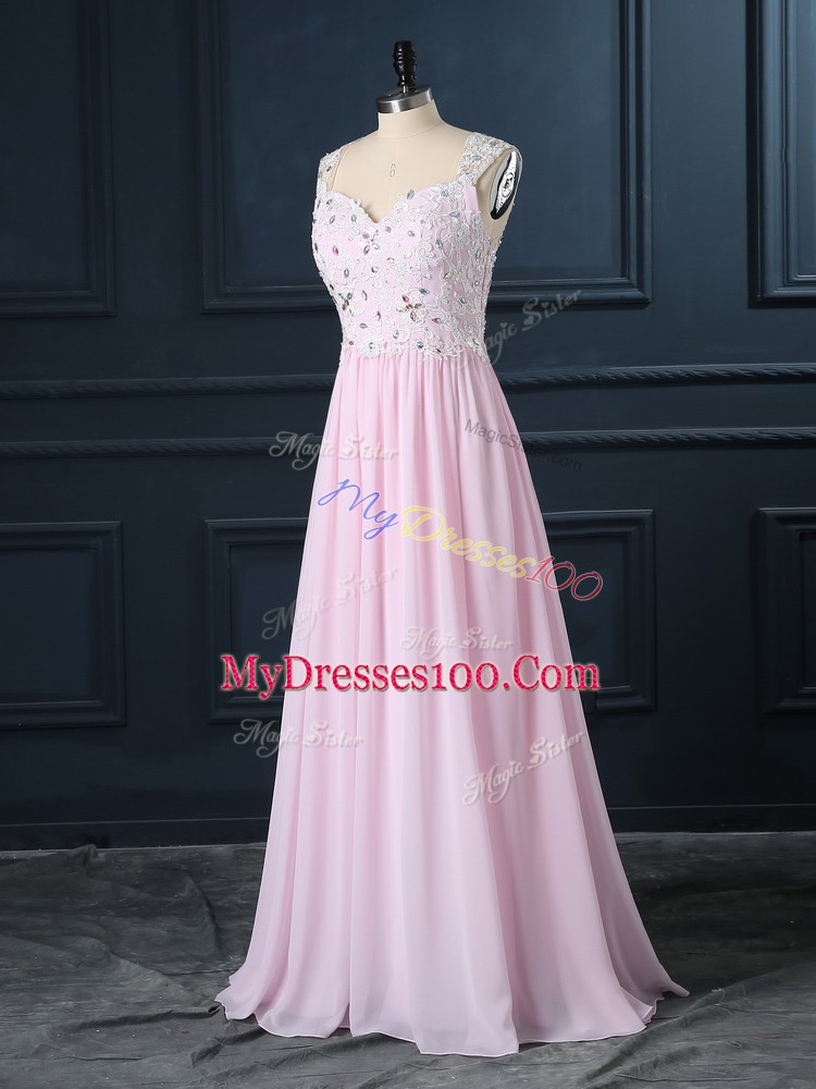 Exquisite Baby Pink Cap Sleeves Beading and Lace Floor Length Juniors Evening Dress