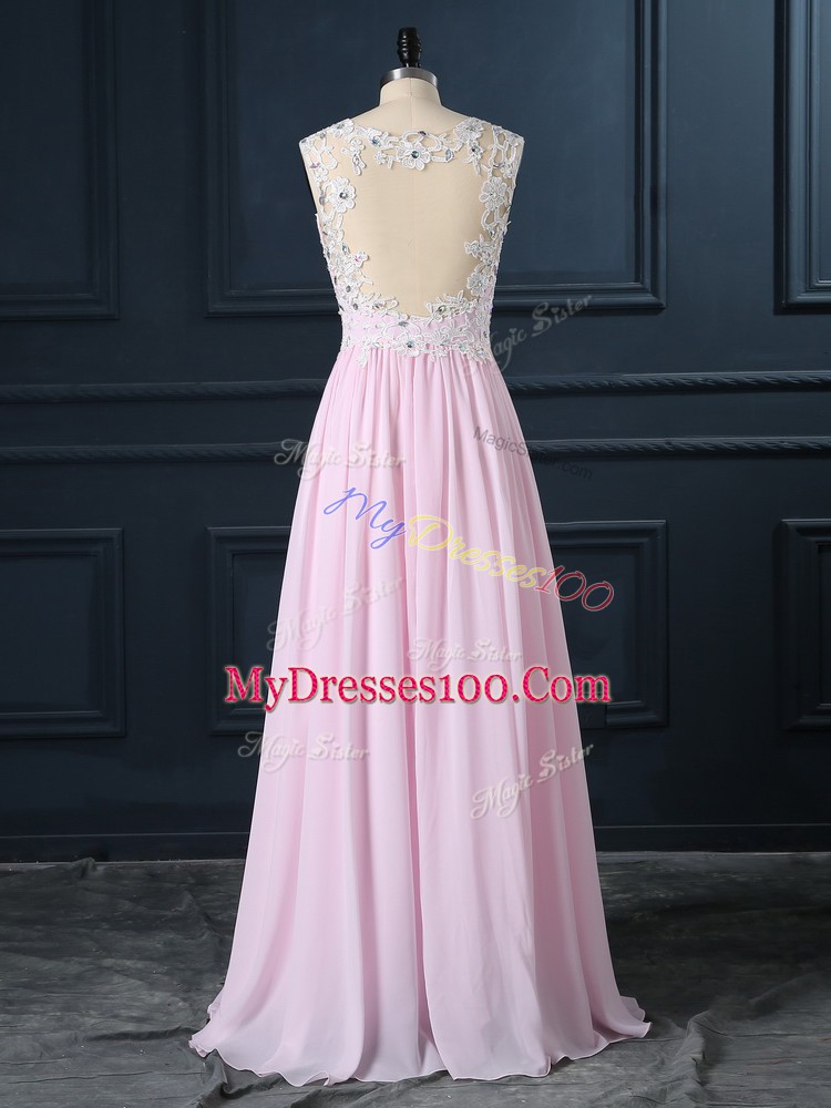 Exquisite Baby Pink Cap Sleeves Beading and Lace Floor Length Juniors Evening Dress