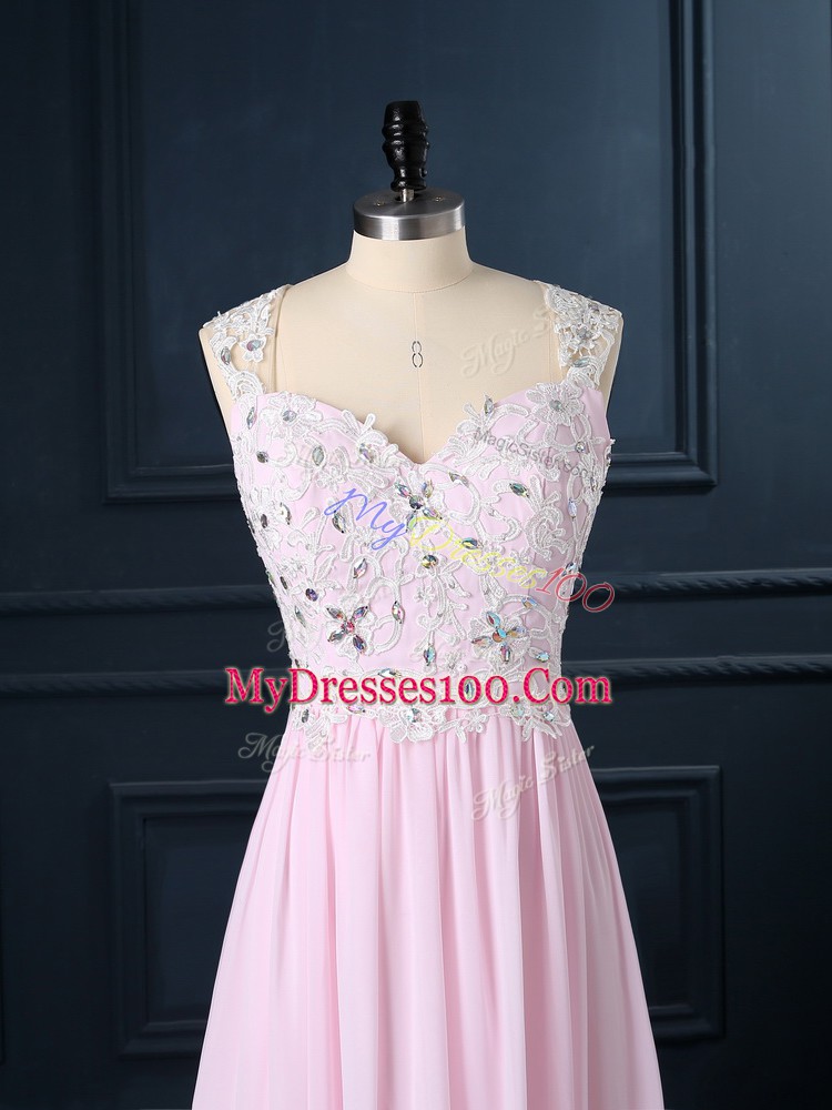 Exquisite Baby Pink Cap Sleeves Beading and Lace Floor Length Juniors Evening Dress