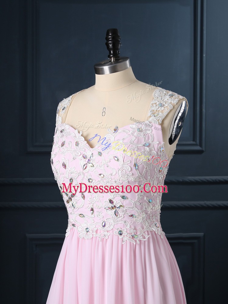 Exquisite Baby Pink Cap Sleeves Beading and Lace Floor Length Juniors Evening Dress